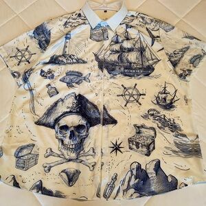 Nautical Pirate Themed Hawaiian Shirt 3XL Button Up Short Sleeve Tropical EUC